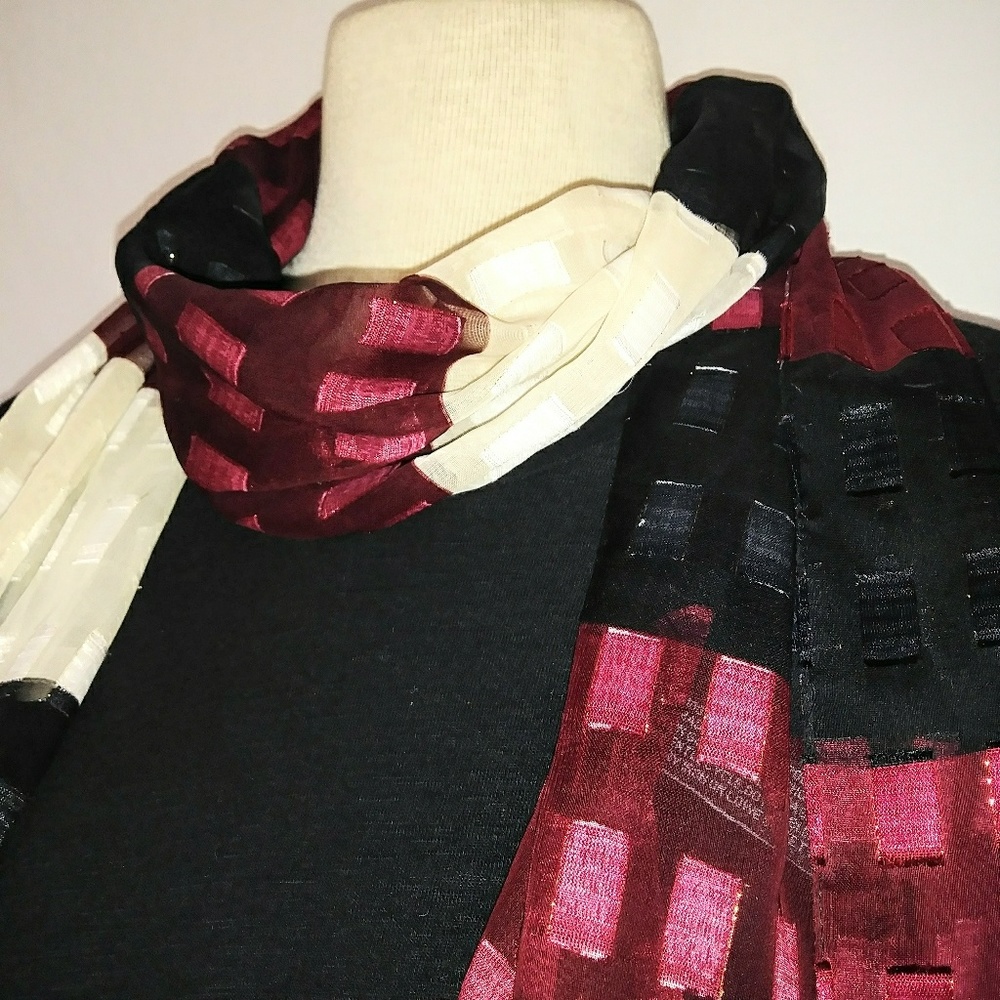Striped Wine Black & White Silky Scarf